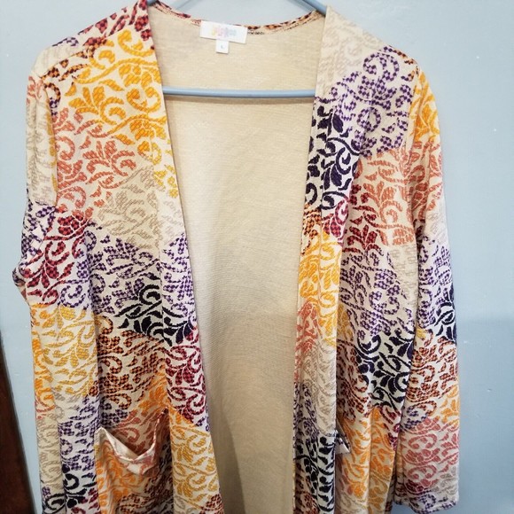LuLaRoe Cardigan Long Duster Size L Beige Purple Open Front Patchwork - Picture 2 of 13
